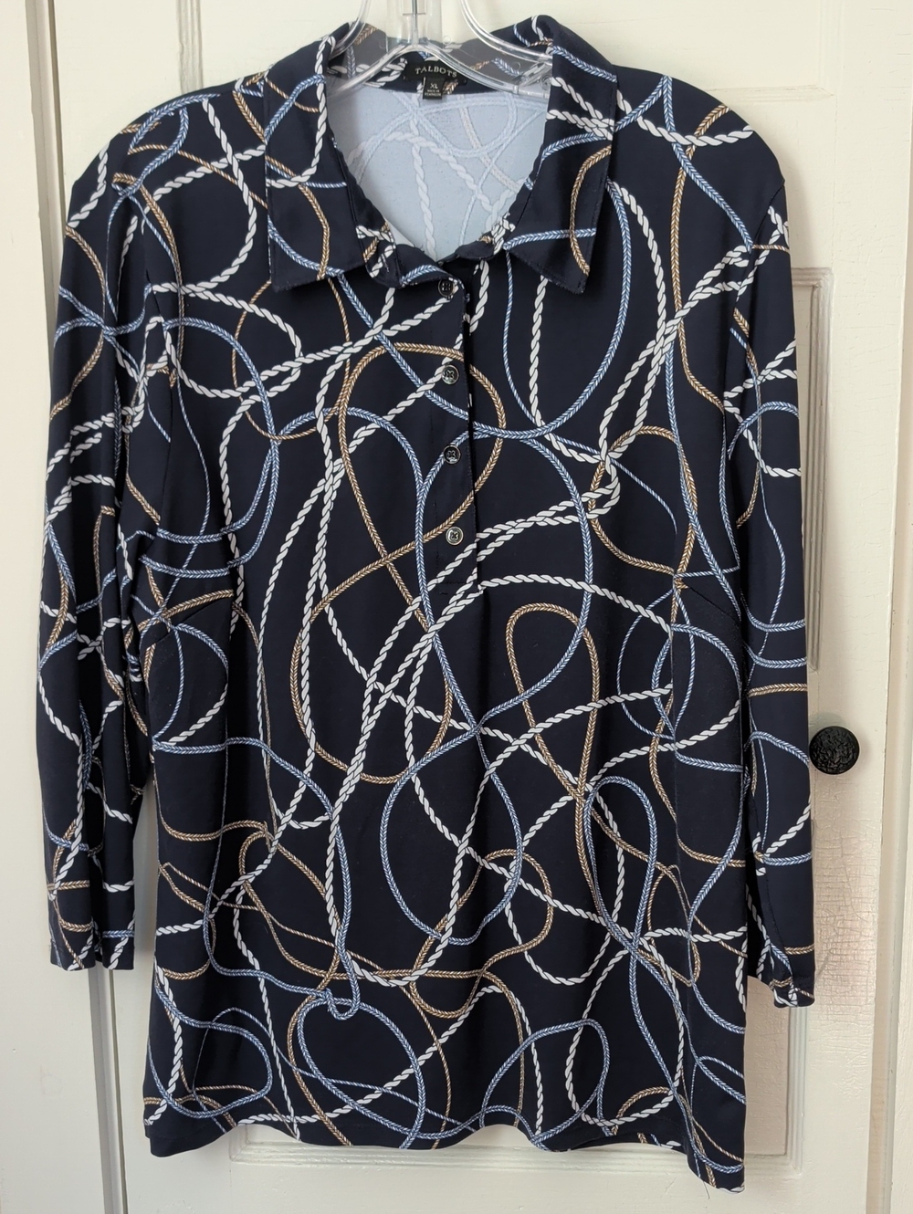 Talbots Blouse Navy Rope Print Long Sleeve XL Nylon Nautical Summer Party Work